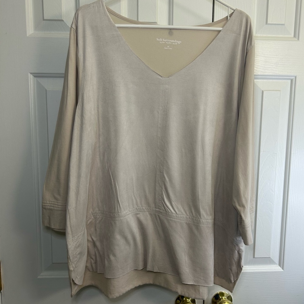 Soft Surroundings Mixed Media Long Sleeve Cream Tan V-Neck High Low Hem Tunic 2X